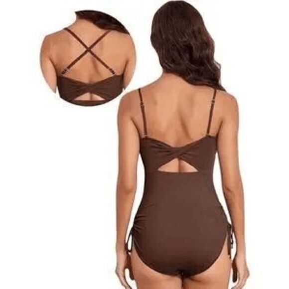 Women's Brown Ribbed One Piece Ruched Side Tie Swimsuit Med NWOT - Picture 8 of 9